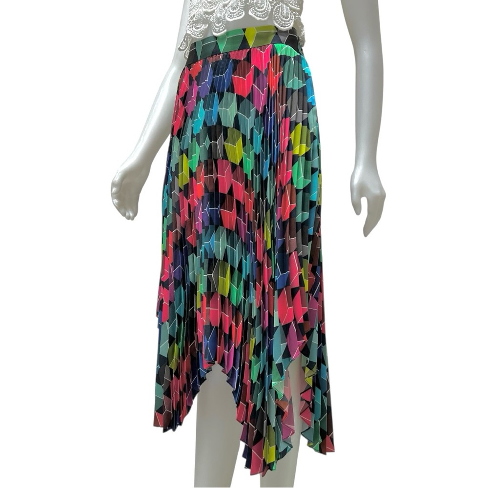 MILLY Assymetric Pleated Skirt 3D Rainbow Geo Cubism Artsy Boho USA Made Size 8